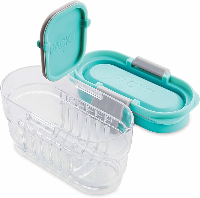 PackIt Mod Mini Bento Food Storage Container, Mint, Shatterproof Crystal Clear Base, with Leak-resistant Divider and Lid, Microwavable, Dishwasher Safe, Designed for Snacks On the Go, 1 Cup Capacity