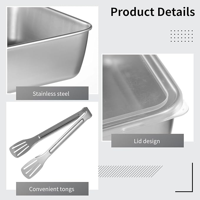 Breading Trays Set of 3, 10 x 8 x 2 Inches Large Stainless Steel Breading Pans for Cooking with Lids & Tong, Food Containers for Dredging Chicken Breasts and Marinating Meat, Food Prep Holders