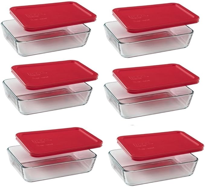 Pyrex (3) 7210 3-Cup Glass Food Storage Dishes & (3) 7210-PC Red Plastic Food Storage Lids