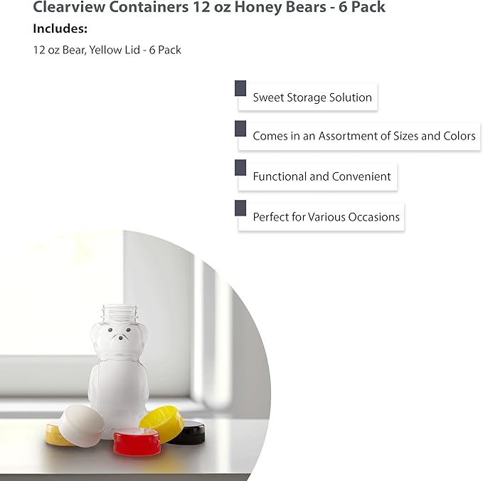 6 Pack of 12 Ounce Clear Honey Bears with Sealable Yellow Flip Top Lids (12 oz. Clear Bear, 6pk, Yellow)