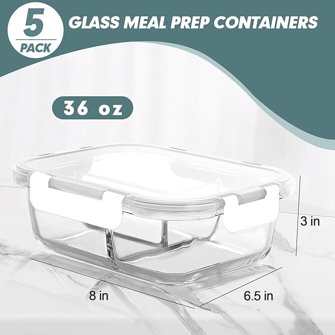 Glass Meal Prep Containers 3 Compartments, 5 Pack 36 oz, Glass Food Storage Containers with Lids, Airtight Lunch Bento Box, Portion Control, Freezer and Microwave Safe, White
