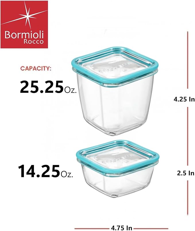 Bormioli Rocco Frigoverre Future Glass Kitchen Storage Containers, Set of 4-25.25 oz & 14.25 oz Food Jars with Lids - Airtight Glass Containers for Pantry Organization, Lunch, Meal Portioning