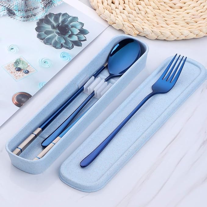 3 PCS Stainless Steel Travel Camping Flatware Set Fork Spoon Chopsticks with Portable Case, Blue