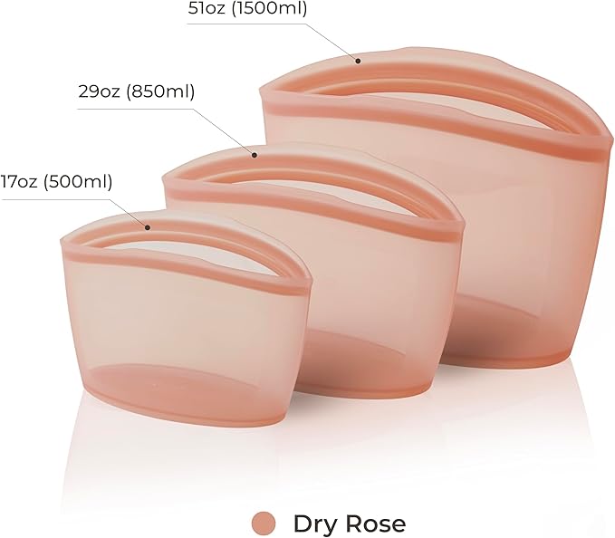 Platinum Silicone Food Grade Reusable Storage Bag, 3set Leak-Proof Airtight Seal, BPA-Free, Microwave, Freezer & Dishwasher Safe, Heat Resistant Sous Vide,Silicone Snack Bags, Dry Rose