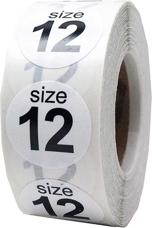 Shoe Size 12 White Stickers - 3/4 Inch Round, 500 Semi-Gloss Adhesive Labels Per Roll for Retail, Footwear Inventory, and Organization - Made in The USA
