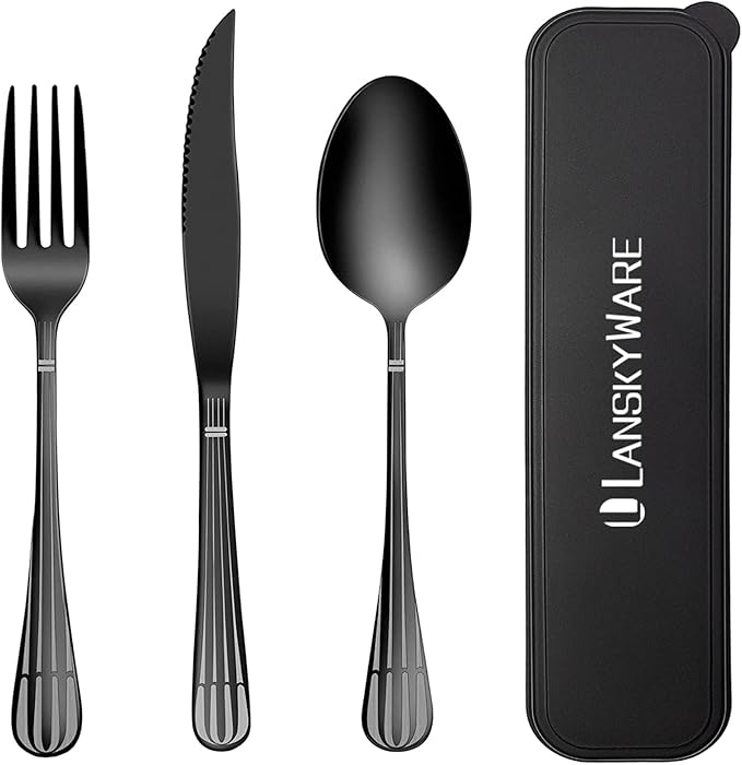 Portable Utensils Set With Case - 18/8 Stainless Steel Spoon and Fork Set for Travel, Camping, Office, Lunch Box - 3 PCs Steak Knife Included - Dishwasher Safe