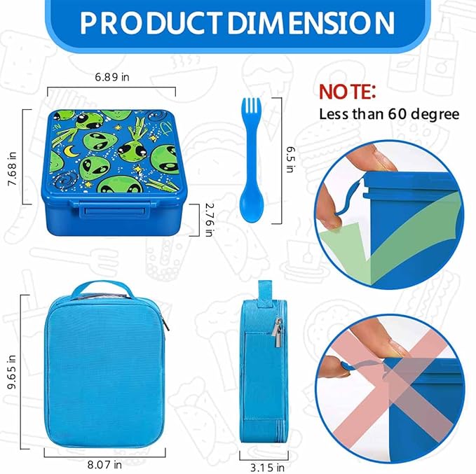 MAISON HUIS Bento Lunch Box for Kids With 8oz Soup Thermo, Leakproof Lunch Compartment Containers with 4 Compartment Bento Box, Thermo Food Jar and Lunch Bag, BPA Free,Travel, School(Alien in Space)