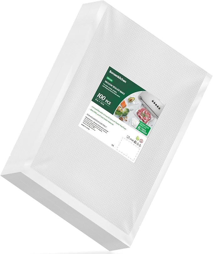 Bonsenkitchen Precut Vacuum Bags 100 Quart 8" x 12", BPA Free, Commercial Grade Textured Food Sealer Bag, Thick Embossed Bags for Storage and Sous Vide Cooking VB3205