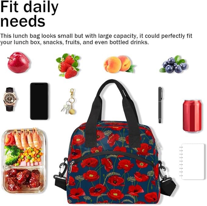 Insulated Lunch Bag for Women Men Poppies Pattern Leakproof Cooler Tote Bag Large Reusable Adult Lunch Box with Adjustable Shoulder Strap for Office Work Picnic Travel Beach