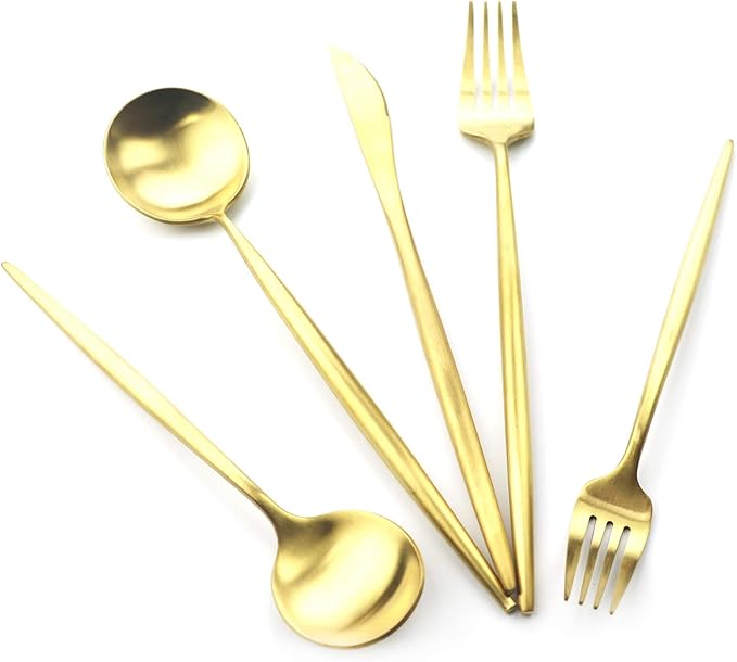 5 Pieces Matte Gold Handle 18/10 Stainless Steel Silverware Set, Flatware Set Titanium Cutlery Set, Utensils Set for Home Restaurant, Dishwasher Safe (Full Gold)