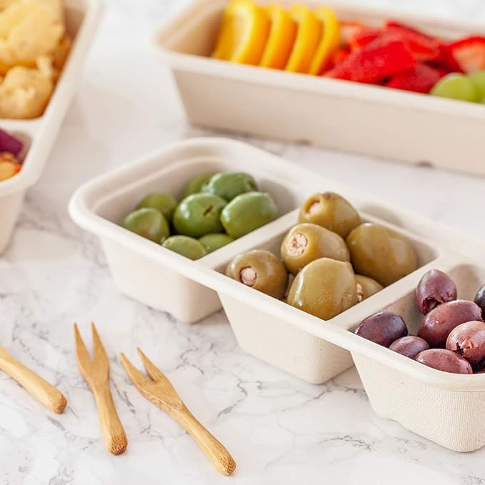Restaurantware Pulp Tek 9.2 x 3.8 x 1.8 Inch Takeaway Food Boxes 100 Microwavable Take Out Containers - Lids Sold Separately Freezable Bagasse Catering Food Containers 3 Compartments 17 Ounces