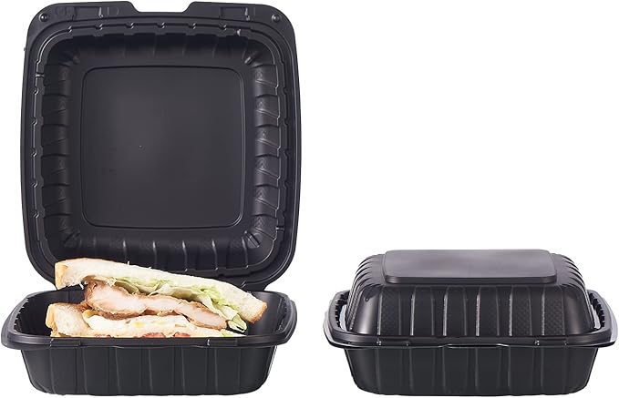 FULING [8x8-Inch, 50 Pieces Disposable To Go Box Containers, Plastic Clamshell Takeout Food Trays, Microwave Safe, Cut Resistantstable Hinged Lid, Hybrid Polypropylene, Black