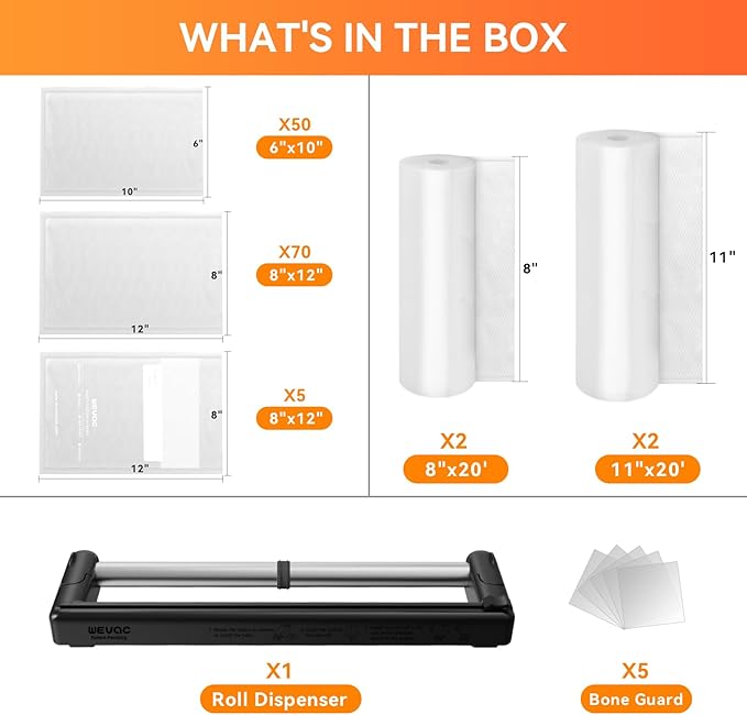 Family Pack Vacuum Sealer Rolls Bags, 6"x10" (50pcs), 8"x12" (70pcs), 8"x20' (2 rolls), 11"x20' (2 rolls), Compact Roll Dispenser, Leakproof Food Storage, Sous Vide, Meal Prep, Food Saver, Wevac Core