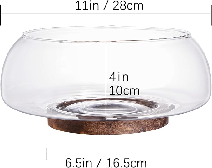 Large Glass Salad Bowl Set with Acacia Wood Base and Salad Serving Utensils, Salad Servers for Party, Fruits, Popcorn, Chips, Pasta, Kitchen Must-Have