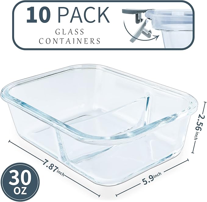 10 Packs 30oz Glass Meal Prep Containers 2 Compartments,Glass Food Storage Containers with Lids,Airtight Lunch Bento Boxes,Microwave,Oven,Freezer and Dishwasher Safe