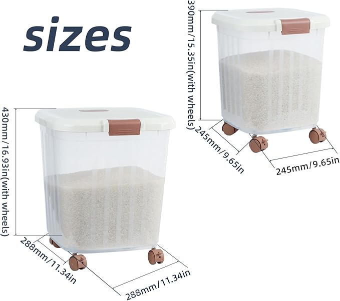 2PCS Airtight Flour Sugar Storage Containers with Lids, Easy to Move, Plastic Rice Cereal Grain Pet Food Bin with Wheels for Kitchen Pantry Organization (30lbs & 50lbs)