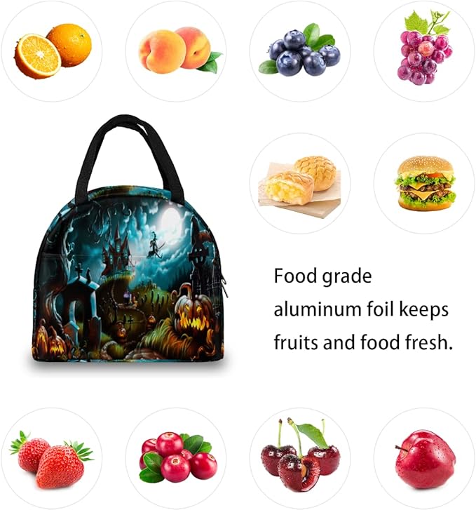 Insulated Lunch Bag for Women Men Halloween Witch Castle Pumpkin Waterproof Thermal Tote Bag Reusable Lunch Box Container Lunch Holder Leakproof Lunch Cooler Bag Picnic Travel Work