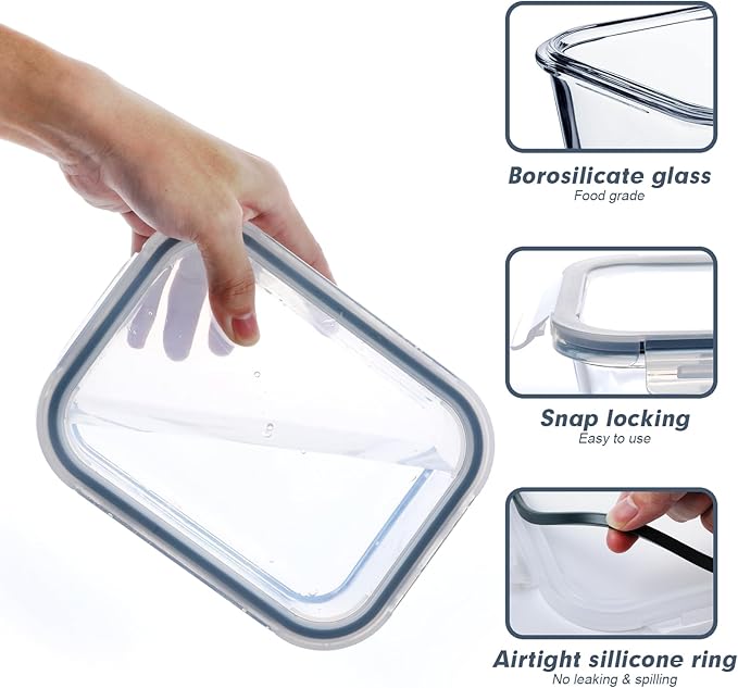 BAYZZ Glass Meal Prep Containers, 10 Packs 22 oz Glass Food Storage Containers,Airtight Lunch Containers with lids, Microwave,Freezer,Dishwasher Safe