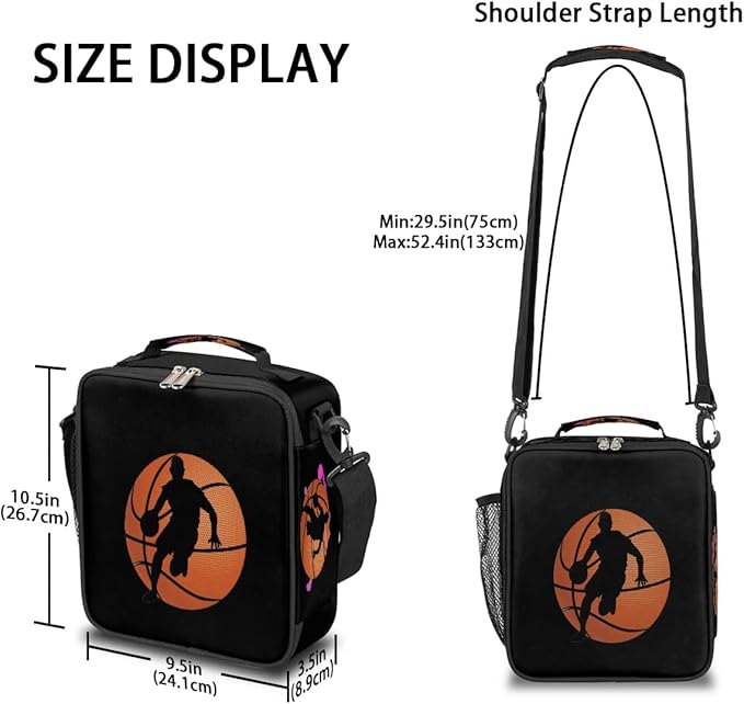 Lunch Box for Kids Boys Girls Black Basketball Kids Lunch Bag Insulated Lunch Bag Tote with Adjustable Shoulder Strap Teens Lunchbox Cooler School Picnic