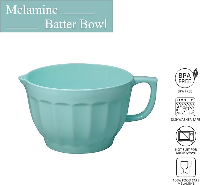 UPware Latte Style Melamine Batter Bowl with Pour Spout, Handle and Non-Slip Base, Grip Handle for Easy Mix and Pour, Home Essentials Cooking and Baking Tools, 4.3 quart, 11.5 x 8.75 Inch, Blue