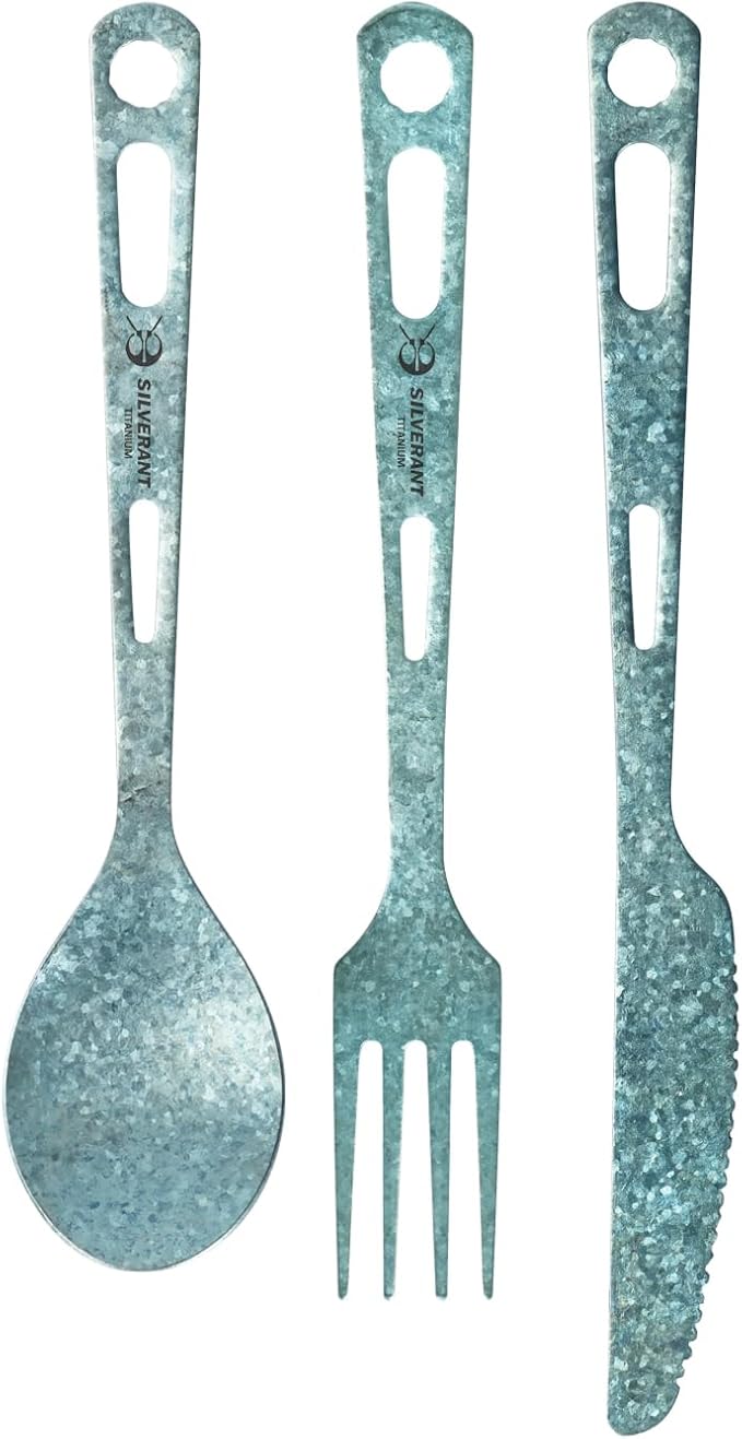 Titanium 3 Piece Cutlery Set, Extra Strong Ultra-Lightweight Durable Knife Fork & Spoon Tableware for Outdoor Camping & Hiking, Comes with Drawstring Bag & Titanium Carabiner-Blue