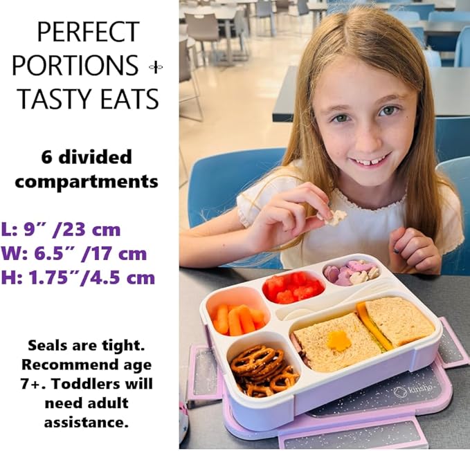 kinsho Glitter Lunch Box Bento-Boxes for Girls, Meal and Snack Containers for Toddler Daycare, School, Travel, 6 Divided Sections, Cute Bentobox, Leak-Resistant, Utensils, Purple Lilac Sparkle