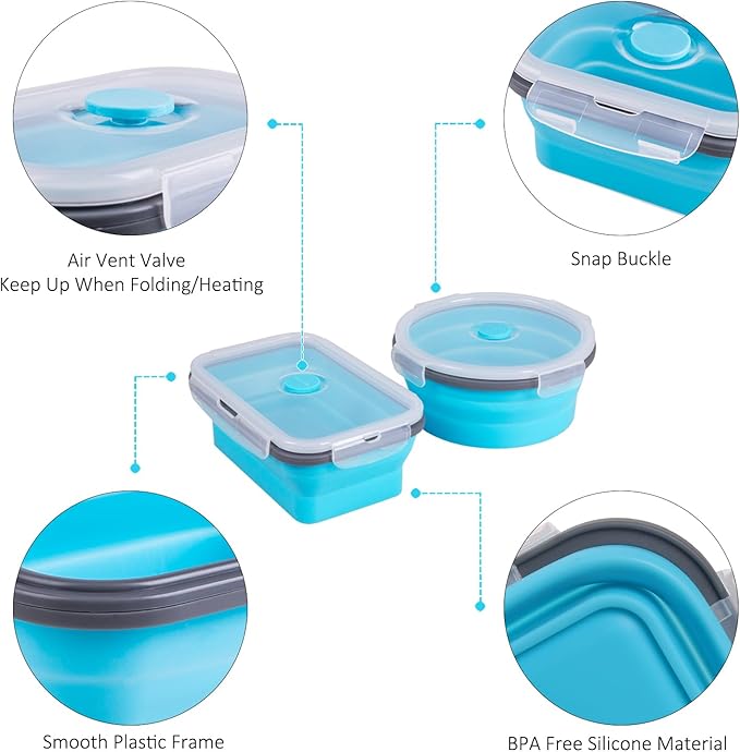 8 Pack Collapsible Food Storage Containers with Lids, Silicone Collapsible Food Containers, Collapsible Storage Containers Sets for Snack Camping RV, Microwave Freezer Dishwasher Safe, Blue