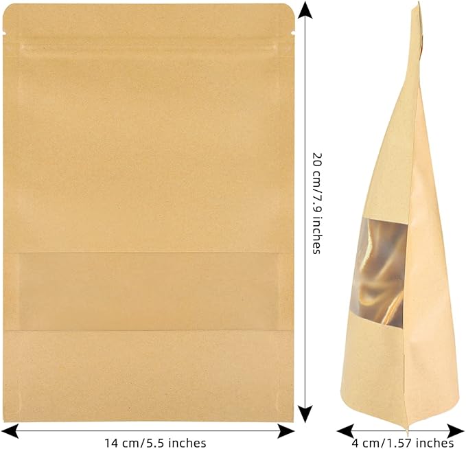 100 Pcs Kraft Stand Up Pouches 5.5 x 7.9 Inch Resealable Zip Lock Food Storage Bags with Matte Window for Packaging