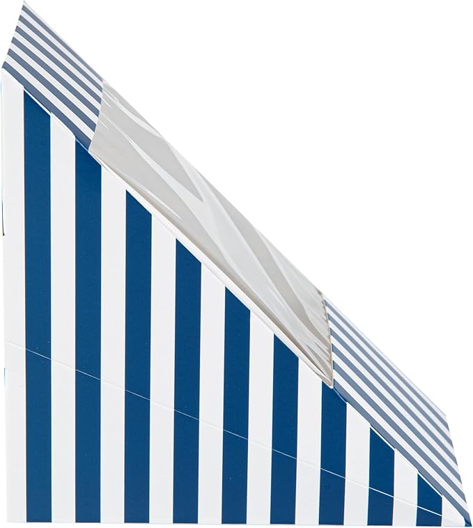 Restaurantware-Cafe Vision 4.8 x 3.2 Inch Sandwich Paper Boxes, 200 Large Sandwich Wedge Boxes - With Window, Disposable, Blue And White Paper Triangle Sandwich Containers, Striped, Grease-Impervious