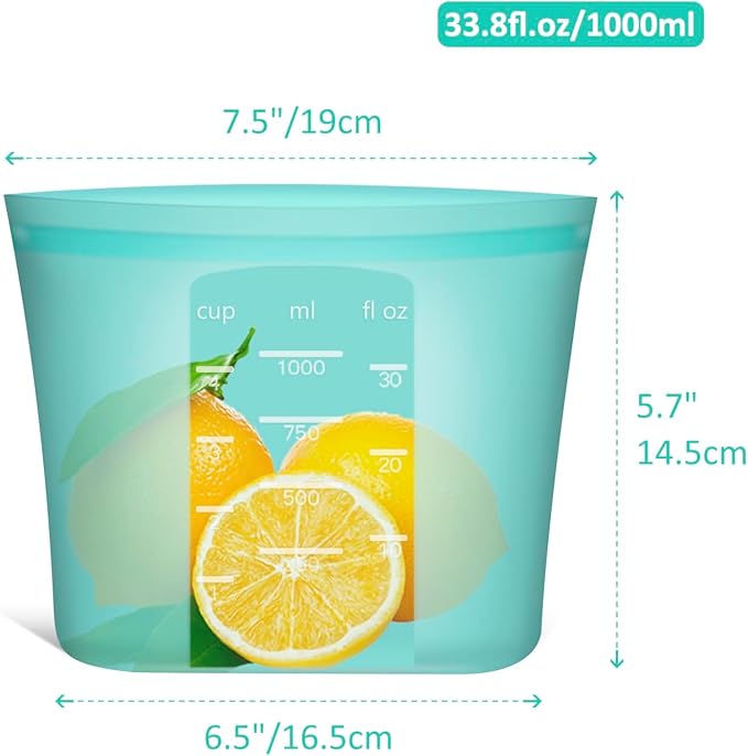 Reusable Freezer Bags Quart Size, 1 Pack, 100% Silicone Stand Up Ziplock Reusable Silicone Food Storage Bags Sandwich Bags Containers, Freezer Microwave Oven Dishwasher Safe, Aqua, 33.8fl.oz