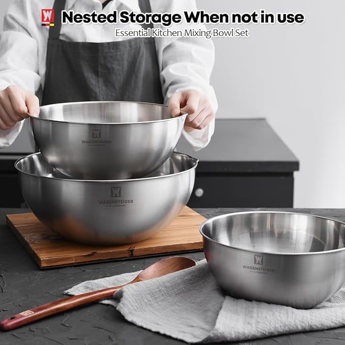 3-Piece Stainless Steel Mixing Bowl Set, Silver Color, Nesting Bowls with Pure Spout, Multipurpose Kitchen Basket, 1.56Quarts/3.17Quarts/4.23Quarts (No Color Added)