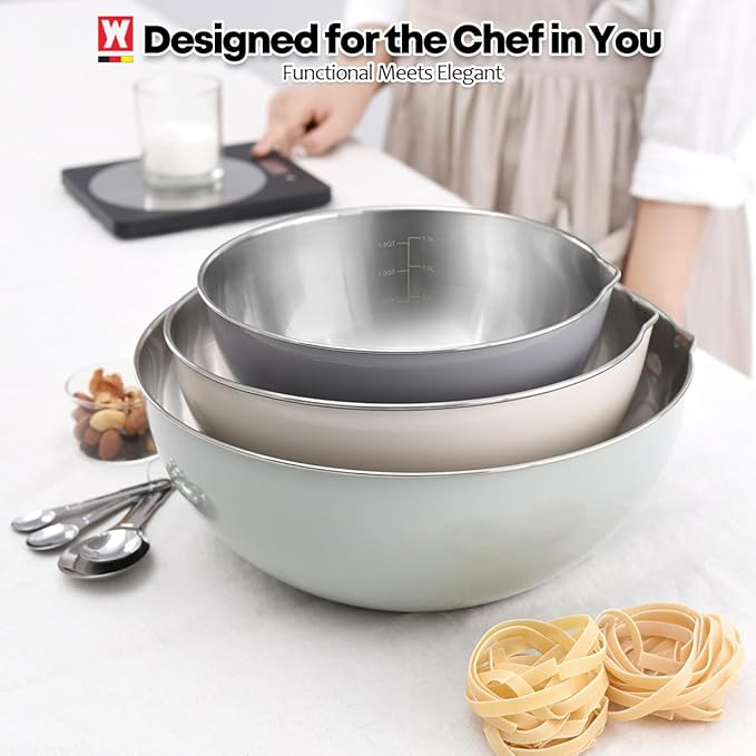 3-Piece Stainless Steel Mixing Bowl Set, Beige/Mint Green/Light Gray, Nesting Design with Pure Spout, Multipurpose Kitchen Basket /1.56Quarts/3.17Quarts/4.23Quarts (Assorted Color)