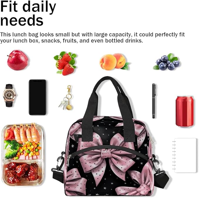 Pink Bow Insulated Lunch Bag for Women Men Reusable Waterproof Lunch Box Cooler Tote Bag One shoulder portable meal bag Portable Adult Lunchbox for Work Picnic Hiking Beach