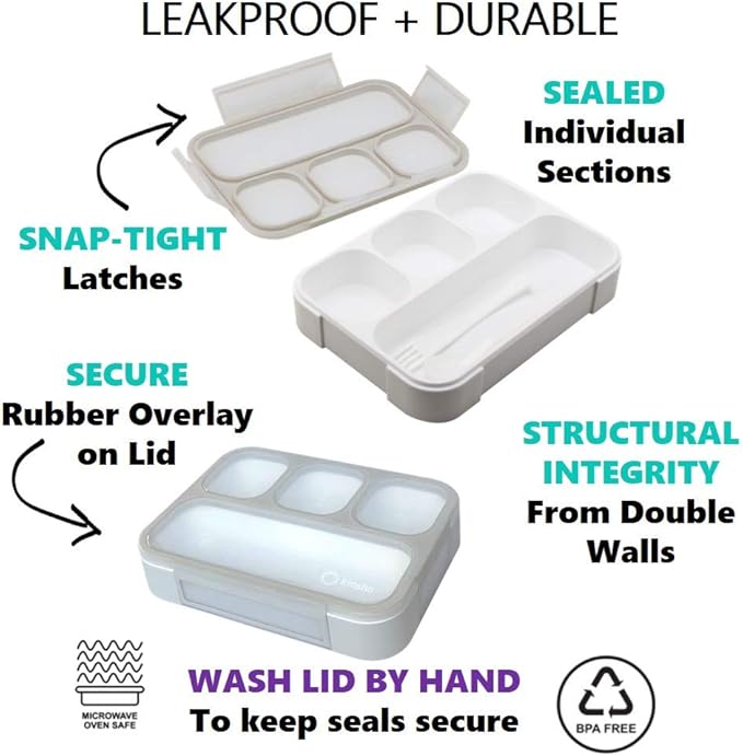 kinsho Bento Lunch Box Container for Kids Adults, Leakproof Portion Control Meal Prep Containers, Japanese Style Boxes with 4 Compartments for Boys Girls Teens | Grey