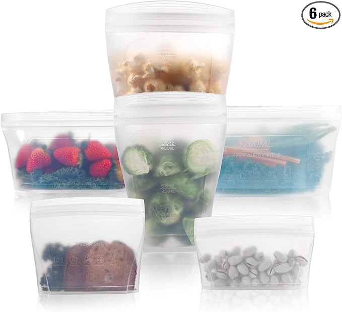 Reusable food container silicone bag, Full Set 6, 2 Cups, 2 Dishes, 2 Bags Zip Containers Storage, 100% Silicone Reusable Food Bag, Stand Up Preservation Bag, Rounded interior for easy cleaning.