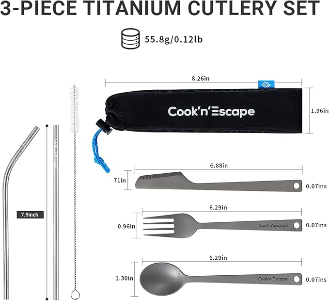 COOK'N'ESCAPE Titanium Camping Cooking Utensils, Lightweight Spoon Fork Knife Combo Flatware+Reusable Titanium Straw Set with Cleaning Brush for Kitchen Travel Picnic Hiking Backpacking Outdoors