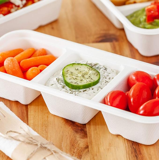 Restaurantware Pulp Tek 9.2 x 3.8 x 1.8 Inch Takeaway Food Boxes 100 Microwavable Take Out Containers - Lids Sold Separately Freezable White Bagasse Catering Food Containers 3 Compartments