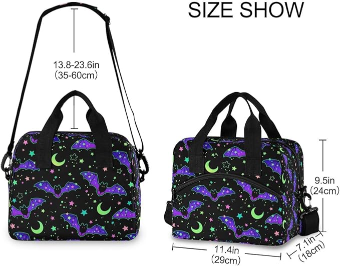 MNSRUU Insulated Lunch Bag with Adjustable Shoulder Strap - Magic Galaxy Bat Lunch Box Tote for Work, School
