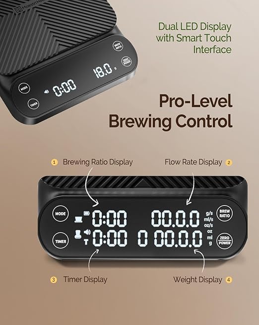 Maestri House Rechargeable Coffee Scale with Timer, 3kg/0.1g Pour-Over Scale, 3 Brewing Modes, Customizable Brew Ratio, Barista-Grade Digital Coffee Scale for Pour-Over, Espresso, French Press-Black