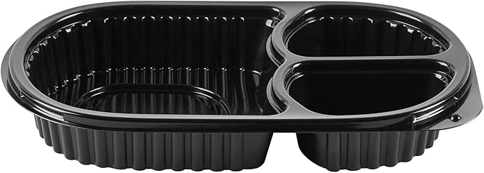 Restaurantware RW Base 19 Ounce Meal Prep Containers, 100 Microwavable To Go Containers With Lids - 3 Compartments, Disposable, Black Plastic Oval Food Containers, For Hot And Cold Food, Freezable