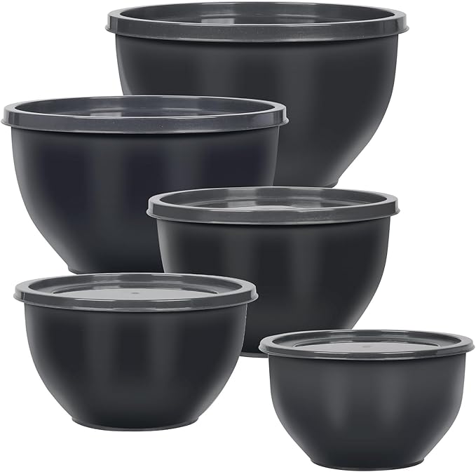 5-Piece Plastic Mixing Bowls with Lids Set for Kitchen, Nesting Bowls for Mixing, Baking, Prepping, Cooking and Serving Food, Grey Mixing Bowls Dishwasher, Microwave Safe
