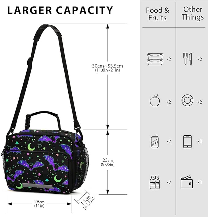 MNSRUU Unisex Insulated Lunch Bag, Bat 13, Fabric, 11"x4.33"x 9.05", Ample Storage Space, Keeps Food Warm, Portable, Lightweight