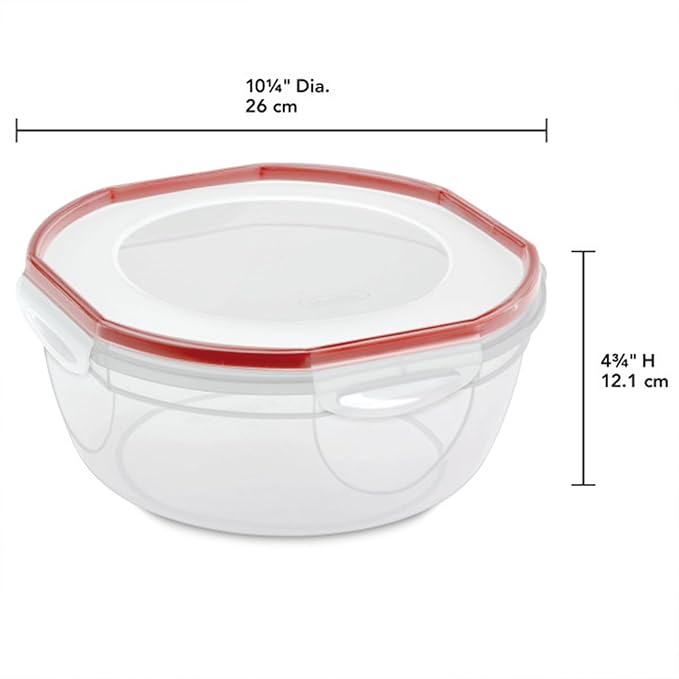 Sterilite Ultra-Seal 4.7 Qt Bowl, Large Airtight Food Storage Container, Latching Lid, Microwave and Dishwasher Safe, Clear With Red Gasket, 8-Pack
