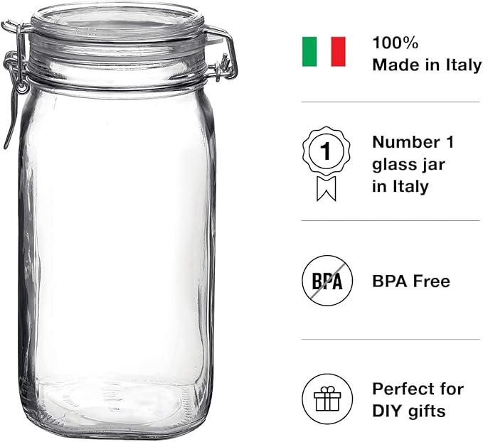 Bormioli Rocco Fido Wide Mouth Squared Glass Jar with Airtight Gasket Clamp Lid for Canning and Food Storage, Clear Top, 50.75 oz.