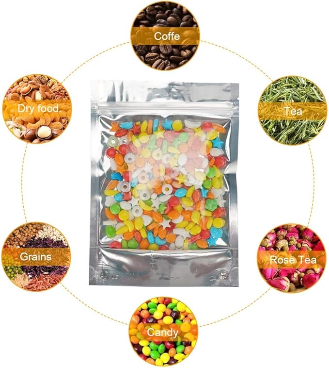 Vasdoo Reusable Aluminum Foil Stand Up Food Pouches Bags, Resealable Ziplock Mylar Bags for Food Storage (50 pcs, 5.5x7.5 inch)