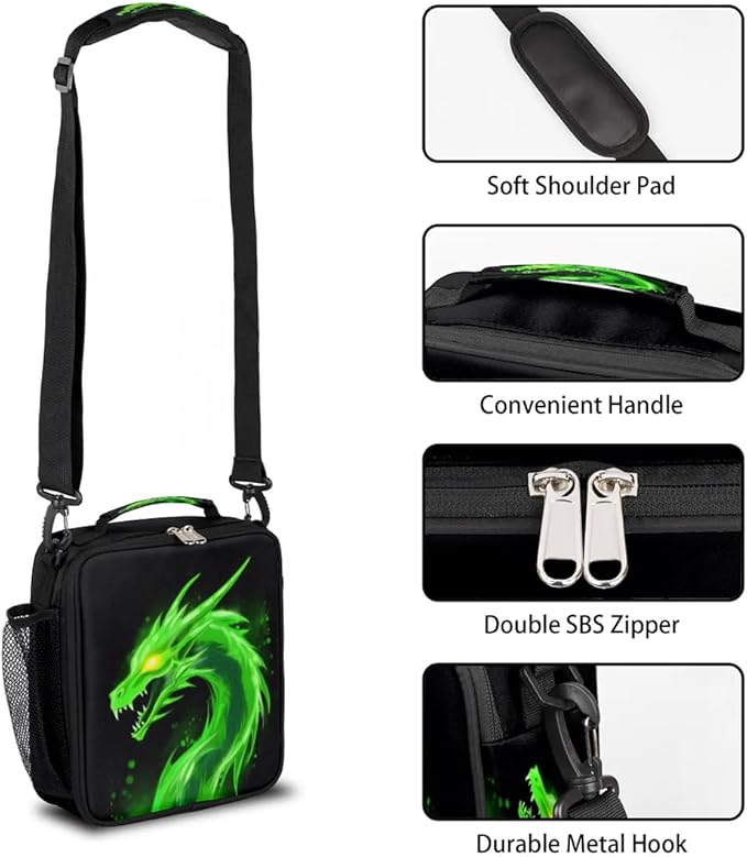 Kids Lunch Box for Boys Girls Green Dragon Animal Lunch Bag for Kids Insulated Lunch Bag Tote with Adjustable Shoulder Strap Teens Lunchbox Cooler School Picnic