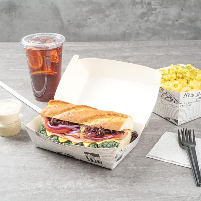 Restaurantware Bio Tek 6.7 x 3.5 x 3.5 Inch Clamshell Food Containers 100 Disposable Sandwich Containers - Hinged Lid Tab-Lock Closure Newsprint Paper Hot Dog Containers Recyclable Greaseproof