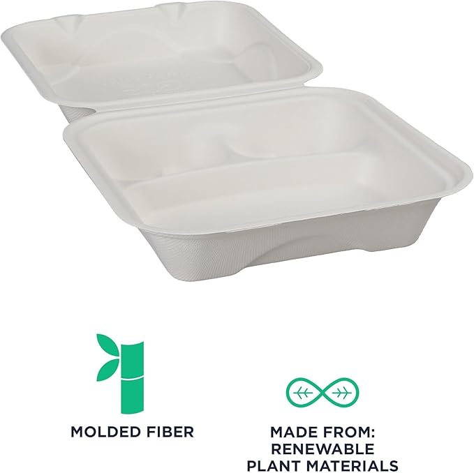 ECO PRODUCTS Compostable Vanguard 8" Clamshell To Go Containers, Case of 200, 3 Compartment, Square Take Out Food Box, White Renewable Molded Fiber, No-Added PFAS, ASTM Compliant, BPI-Certified