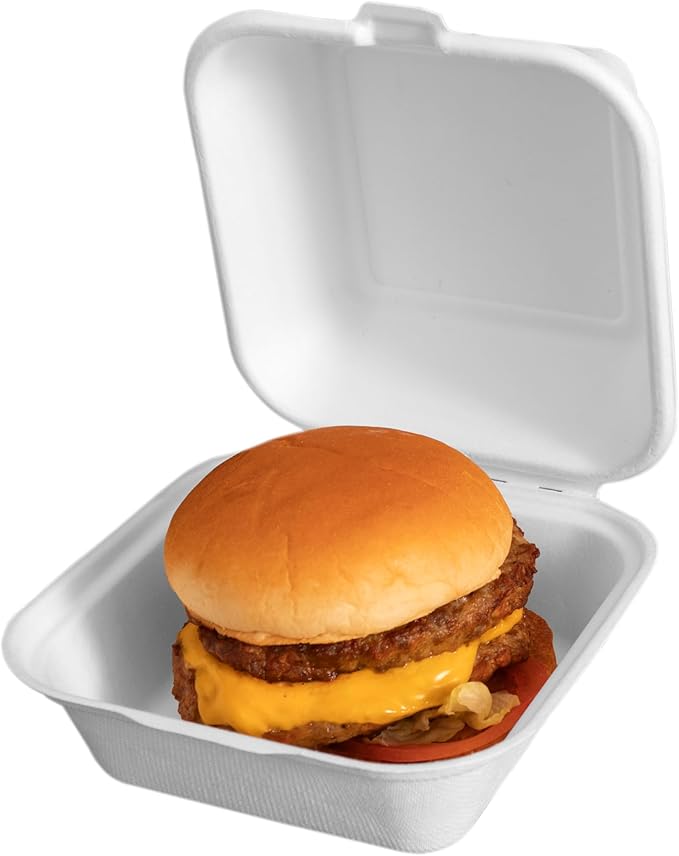 LxinsECO 6X6 Inch Clamshell Containers (75-pack), Disposable Compostable Bagasse Dessert & Sandwiches Boxes, Microwave & Freezer Safe for Restaurants, Picnic, To-Go Meals Out