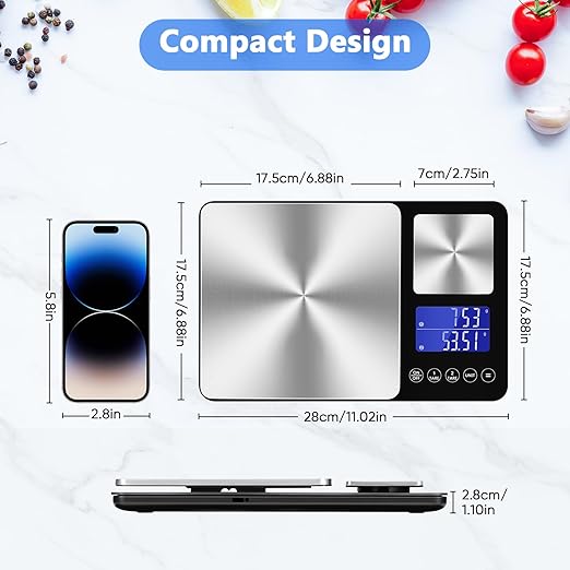 Dual Platform Digital Kitchen Scale, 15kg & 500g Food Scale for Baking, Cooking, Keto and Meal Prep, Weight Balance Alimentaire with 1g & 0.01g Accuracy and LCD Display, Grams and Oz
